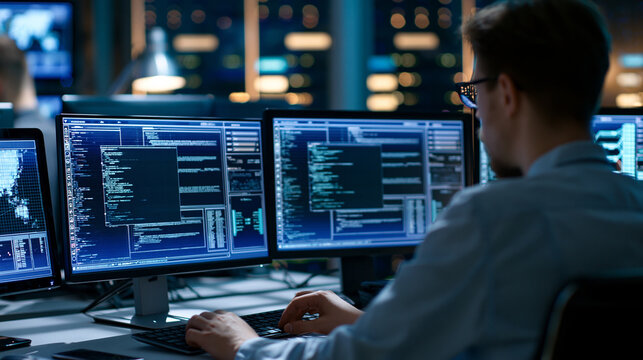Faceless dedicated programmer analyzing complex algorithms and data visualizations across multiple monitors in a dimly lit futuristic server environment, defocused server room in