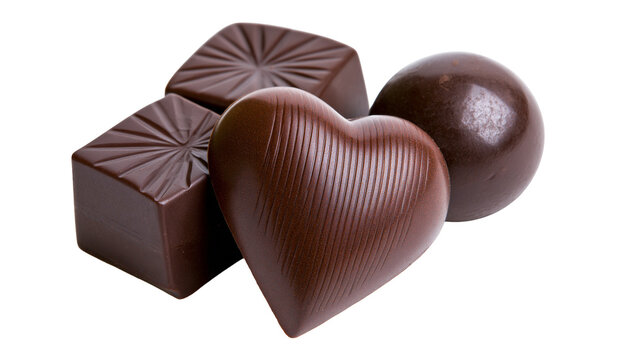 Assortment of dark chocolate candies in heart and square shapes