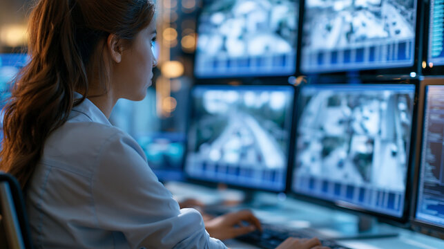 Faceless woman monitoring multiple screens showing surveillance footage as an emergency dispatcher in a control room at night, defocused monitoring screens in background, dispatch