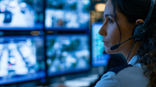Faceless woman monitoring multiple screens showing surveillance footage as an emergency dispatcher in a control room at night, defocused monitoring screens in background, dispatch