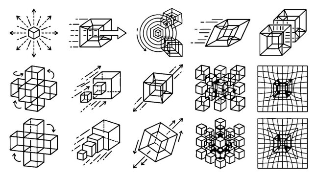 Set of abstract geometric cube icons and mathematical diagrams in black line art style.
