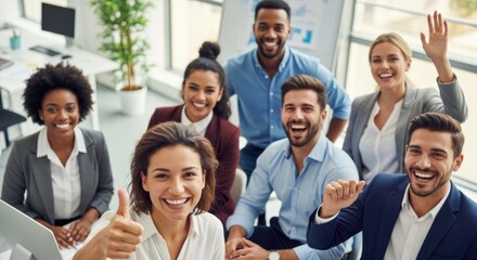 Fototapeta premium A diverse group of business professionals, including men and women, are smiling and waving in a modern office setting.