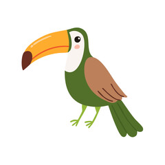 Fototapeta premium Charming cartoon toucan bird with large colorful beak and green feathers isolated on white
