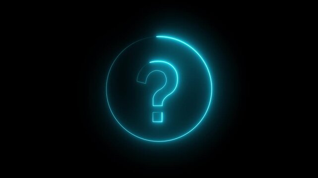 A vibrant green neon question mark symbol radiates light within a circular outline set against a completely black background signifying curiosity and the unknown black background.