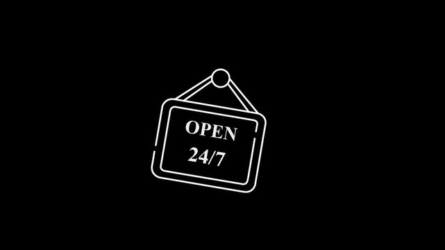 Open 24 by 7 line animation. Open 24 by 7 animation for business needs. Perfect for storefronts, websites, and social media posts to signal availability and black background.