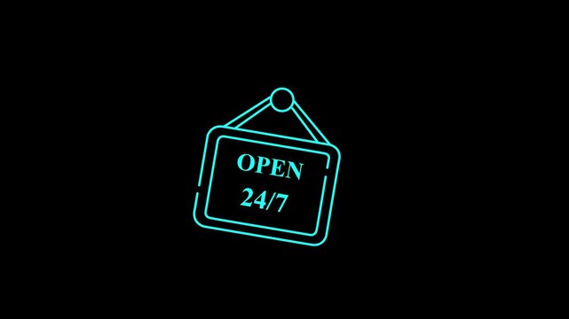 Open 24 by 7 line animation. Open 24 by 7 animation for business needs. Perfect for storefronts, websites, and social media posts to signal availability and black background.