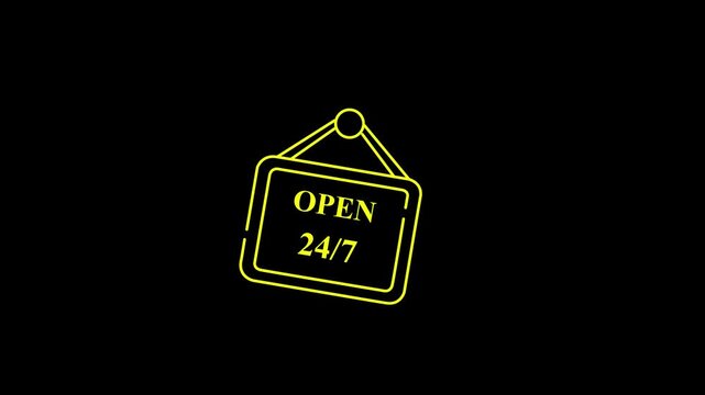 Open 24 by 7 line animation. Open 24 by 7 animation for business needs. Perfect for storefronts, websites, and social media posts to signal availability and black background.