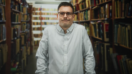 Fototapeta premium Man, young and handsome, with glasses and moustache smiles and shrugs shoulders amid tall bookshelves and stacked books in a library building; quiet curiosity.