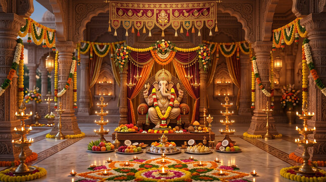Ganesh Chaturthi festival background with Lord Ganesha idol and traditional decoration