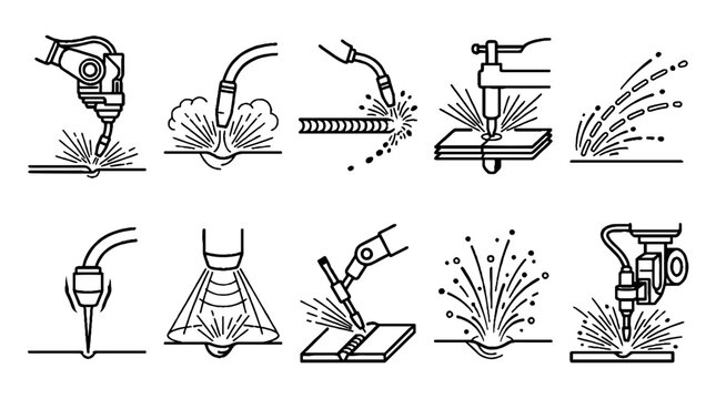 Industrial Welding and Metal Cutting Process Icons Set in Black Line Art Style.
