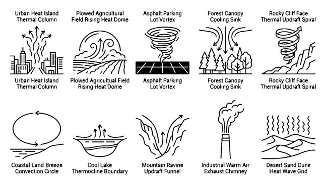 Meteorology and Climate Science Line Art Icons Set Illustrating Thermal Columns and Air Currents.