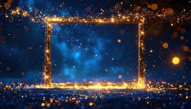 A magical golden frame adorned with sparkling lights and a starry blue background.