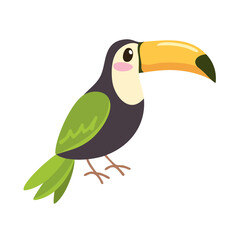 Fototapeta premium Charming cartoon toucan bird with a large yellow beak and green wings standing