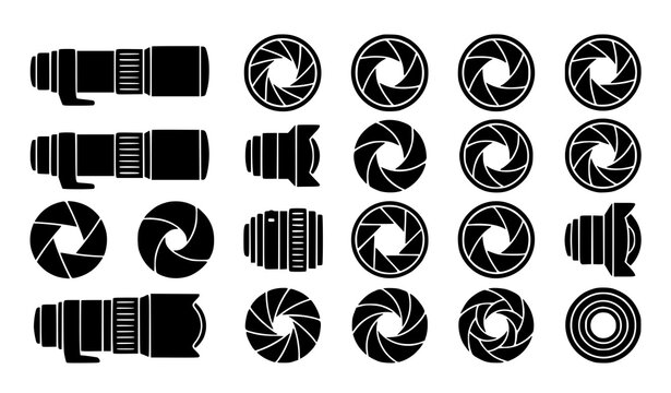 Minimalist black silhouette camera lens and shutter aperture stencil graphics vector set