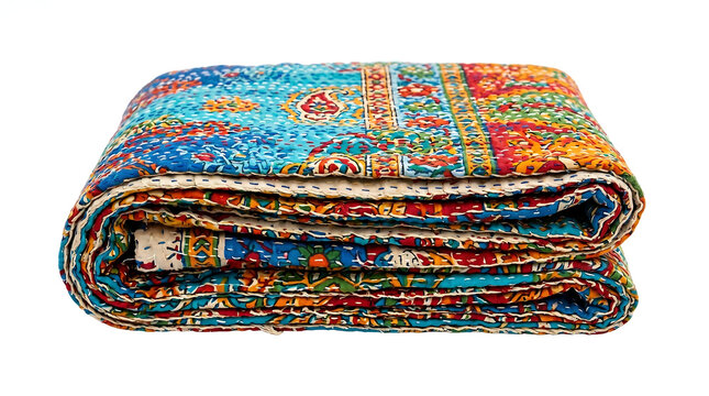 Folded colorful kantha quilt with traditional patterns