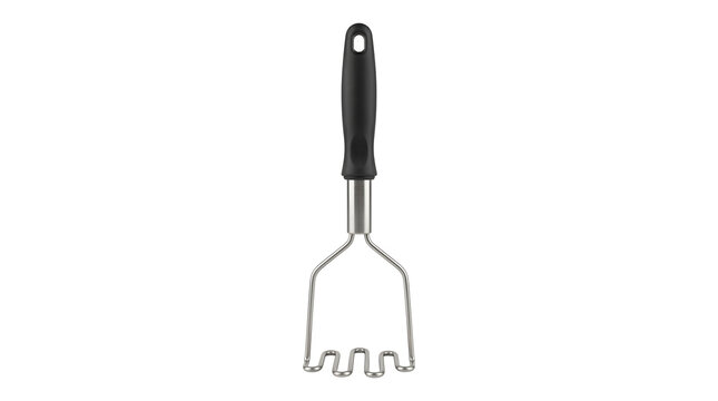 Stainless steel potato masher with black handle on white background