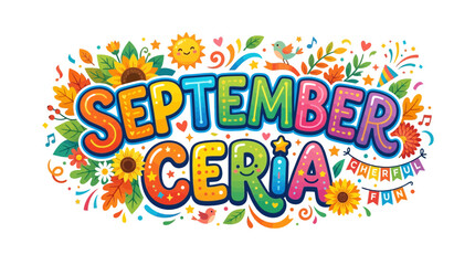 Fototapeta premium Cheerful September Hand Drawn Typography Illustration with Vibrant Sun and Floral Elements