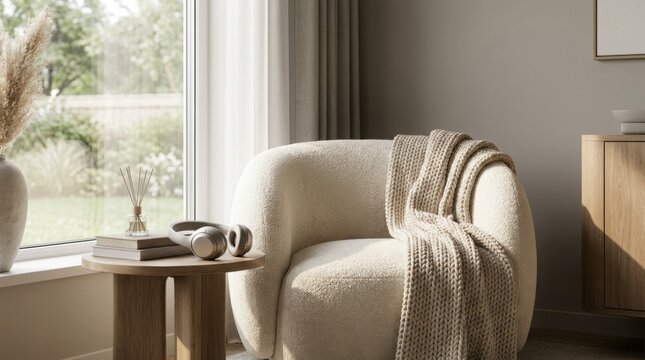 Cozy living room scene featuring a plush armchair with a knitted throw, a small wooden table, noise-canceling headphones, and natural light streaming through the window