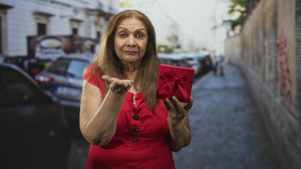 Fototapeta premium Senior hispanic woman holding red gift box in right hand, hand to chin and offering palm gesture in narrow city street; hopeful giving.
