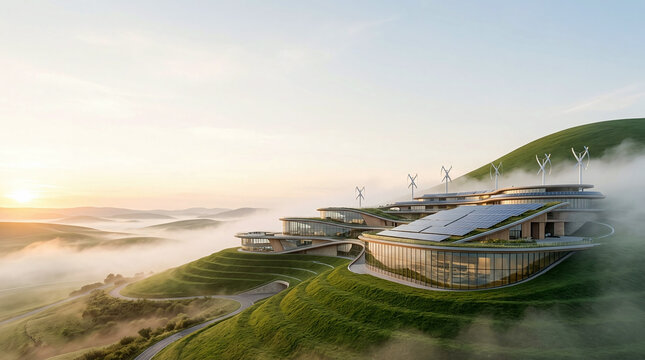 Green energy center with solar panels on misty valley research facility at sunrise showcasing compelling sustainable energy transition concept