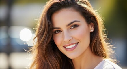 Obraz premium A young woman with long, wavy brown hair, wearing a light pink top, smiling and looking directly at the camera.