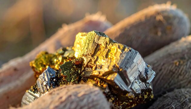 Golden Metallic Mineral Crystal Resting in Gloved Hand at Sunset
