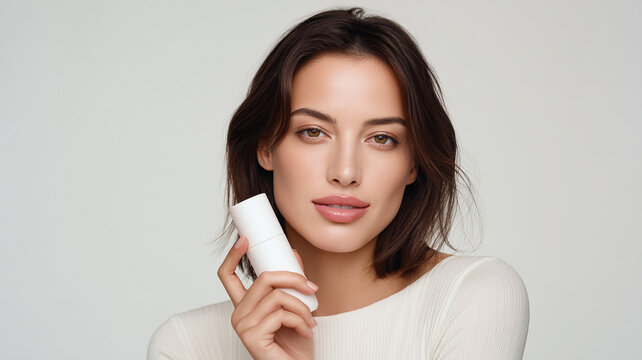 woman holding skincare bottle near face, clean composition