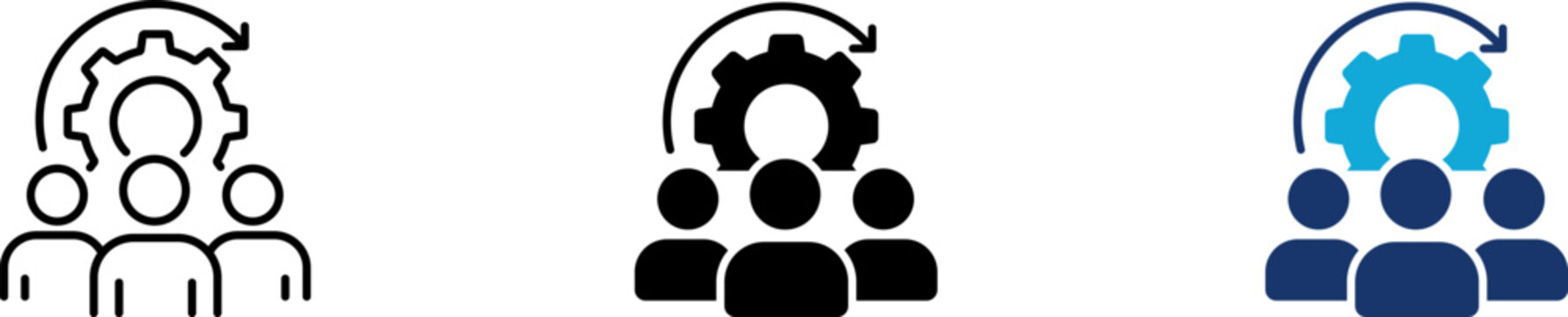 Team management icon set representing human resources optimization settings gear, group performance workflow rotation and staff technical support. Symbol of agile development process.
