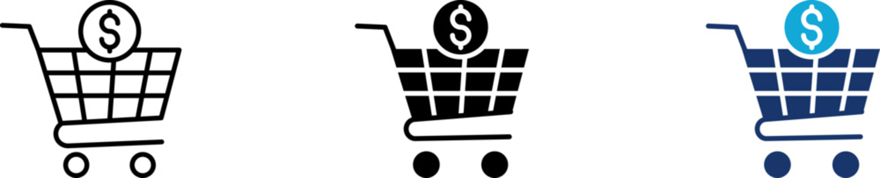 E-commerce icon set showing professional retail shopping cart trolley with dollar coin currency for online purchase transaction digital checkout store and financial budget solution