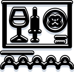 Fototapeta premium Blackboard displaying icons related to wine appreciation and education, including a wine glass, bottle, cheese, and a cluster of grapes, representing oenology learning