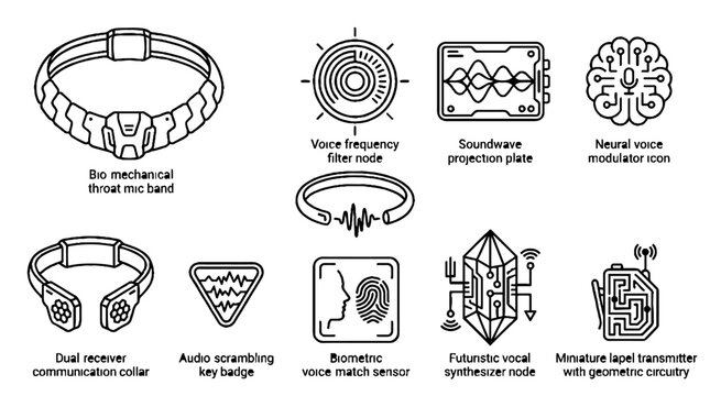 Futuristic Sci Fi Communication Gadgets and Biometric Security Icon Set.