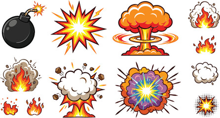 Cartoon bomb explosions fire effects and smoke clouds vector set © Hossain
