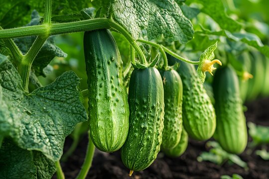 Green cucumber vegetable plantation in rich fertile soil photo