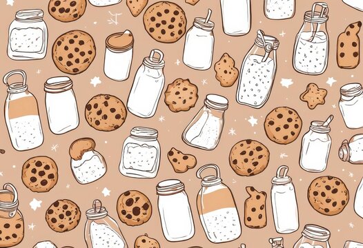 Seamless background pattern of hand-drawn milk bottles and chocolate chip cookies on brown