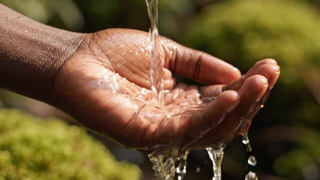 Gentle stream of clean water flowing into an open palm, symbolizing refreshment and life