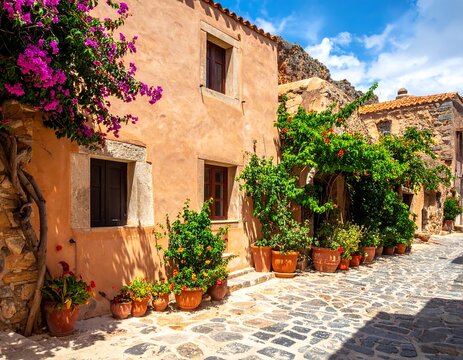 A charming cobblestone street lined with potted plants and flowers, flanked by old terracotta buildings under a blue sky