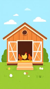 A cartoon-style illustration of a brown barn with chickens outside