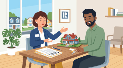 Fototapeta premium Friendly Real Estate Agent Helps Client Explore Home Ownership Opportunities, Presenting House Model and Keys During a Detailed Discussion in a Modern Office Setting