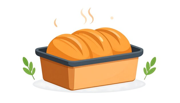 A cartoon-style illustration of a golden-brown loaf of bread in a baking pan with steam rising and leaves on either side