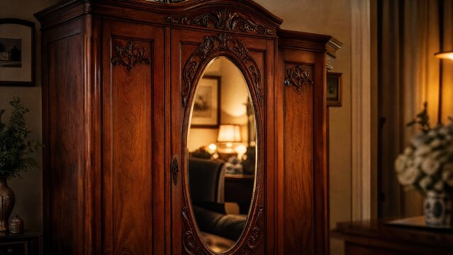 Vintage wooden armoire with ornate mirror, polished surface in warm golden light.