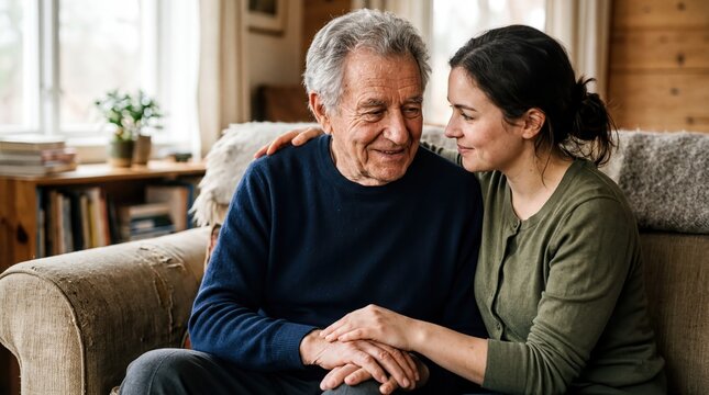 generational bonding, an older and younger person share a warm, supportive embrace in soft light