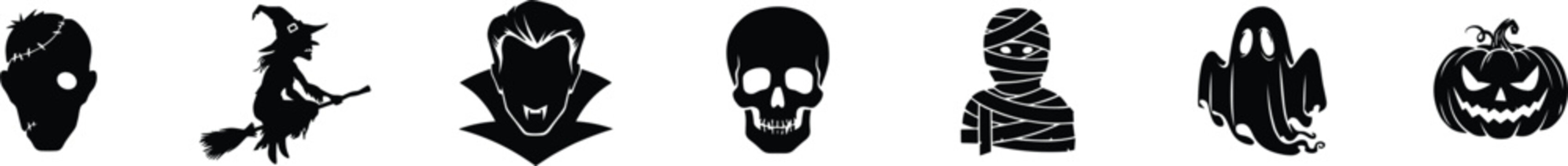 Halloween horror monsters black silhouette icons set vector featuring frankenstein witch vampire skull mummy ghost and spooky pumpkin isolated on white background