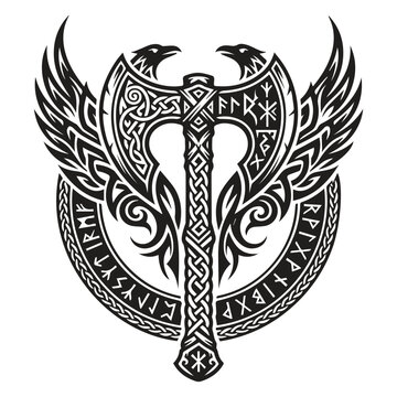 Viking war axe emblem with ravens and runes mythology medieval scandinavian