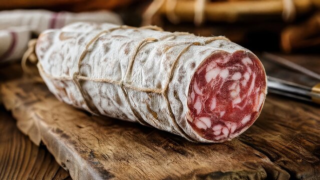 Thick French saucisson on rustic board with white mold, tied with twine, artisanal feel. 