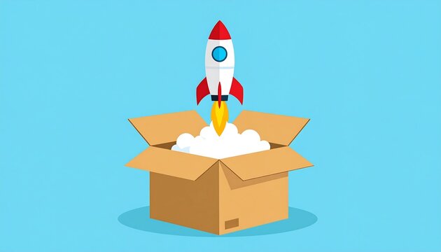 A cartoon rocket ship emerges from an open cardboard box