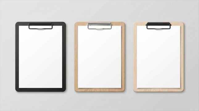 Realistic clipboards with blank paper sheets - perfect for document mockups, office presentations, checklist designs, and customizable template displays