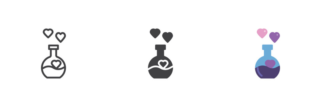Love potion icon shows flask bottle with heart liquid and bubbles, line, solid and flat color colorful vector sign symbol; love potion icon for magic romance.