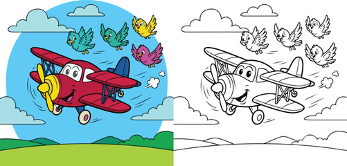 Fototapeta premium airplane racing with birds flying in sky cloud cartoon clipart and lineart print vector illustration for color coloring book
