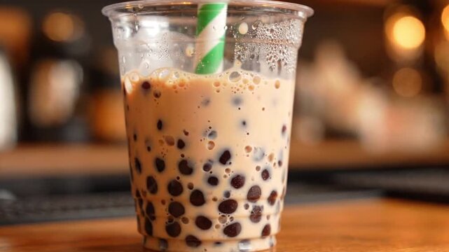Refreshing iced bubble tea with tapioca pearls and a green striped straw on a wooden surface.