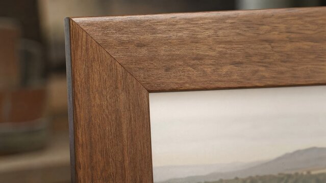 Close-up of a handmade wooden picture frame with precise mitered corners. 
